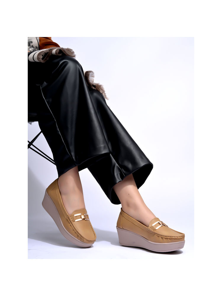 Shoetopia Women Upper Buckle Detailed Tan Loafers-image-30