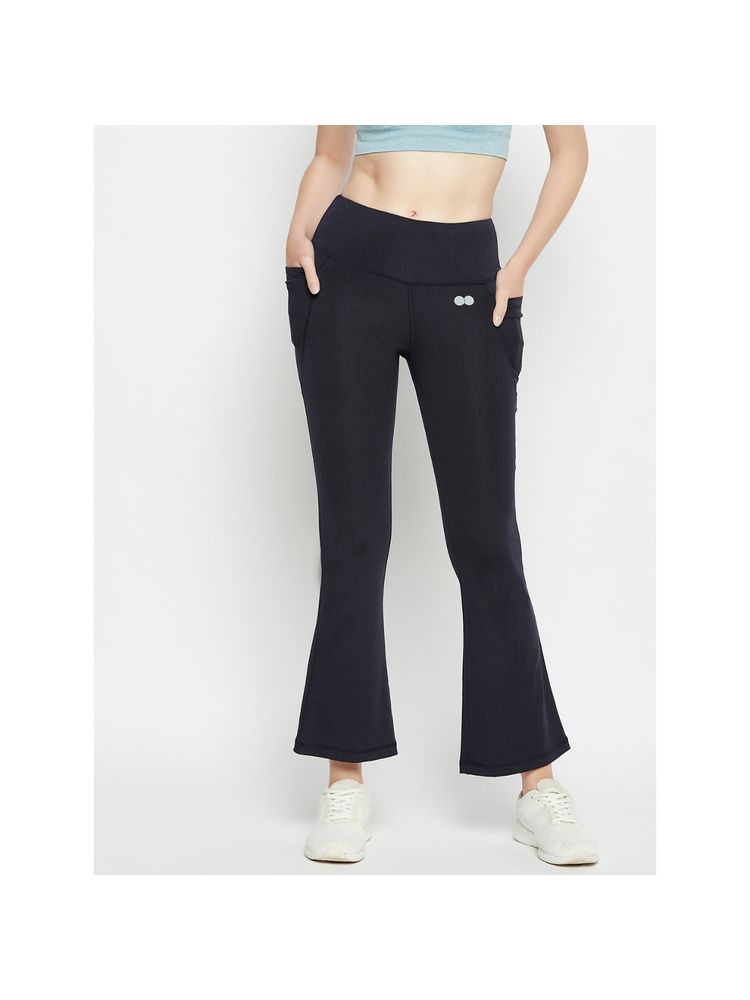 Clovia Comfort Fit High Rise Flared Yoga Pants in Navy with Side Pockets-picture-13