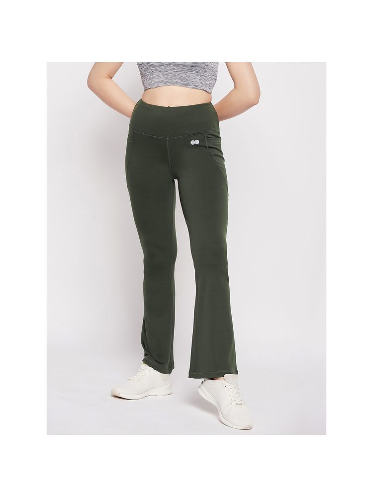 Clovia Comfort Fit High Rise Flared Yoga Pants in Dark Green with Side Pockets-picture-10