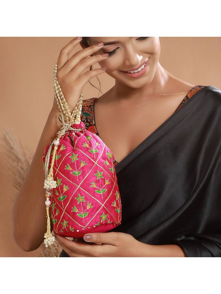 Priyaasi Glam Gota Floral Pink Embroidered Potli Bag-picture-1