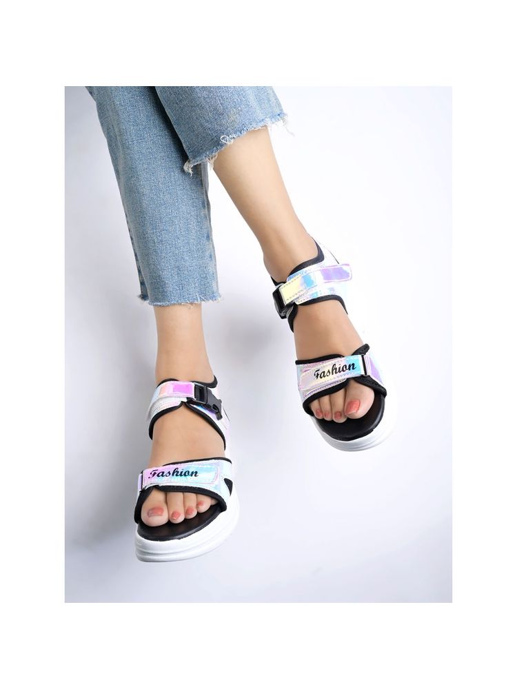 Shoetopia Velcro Style Silver Sandal for Women & Girls