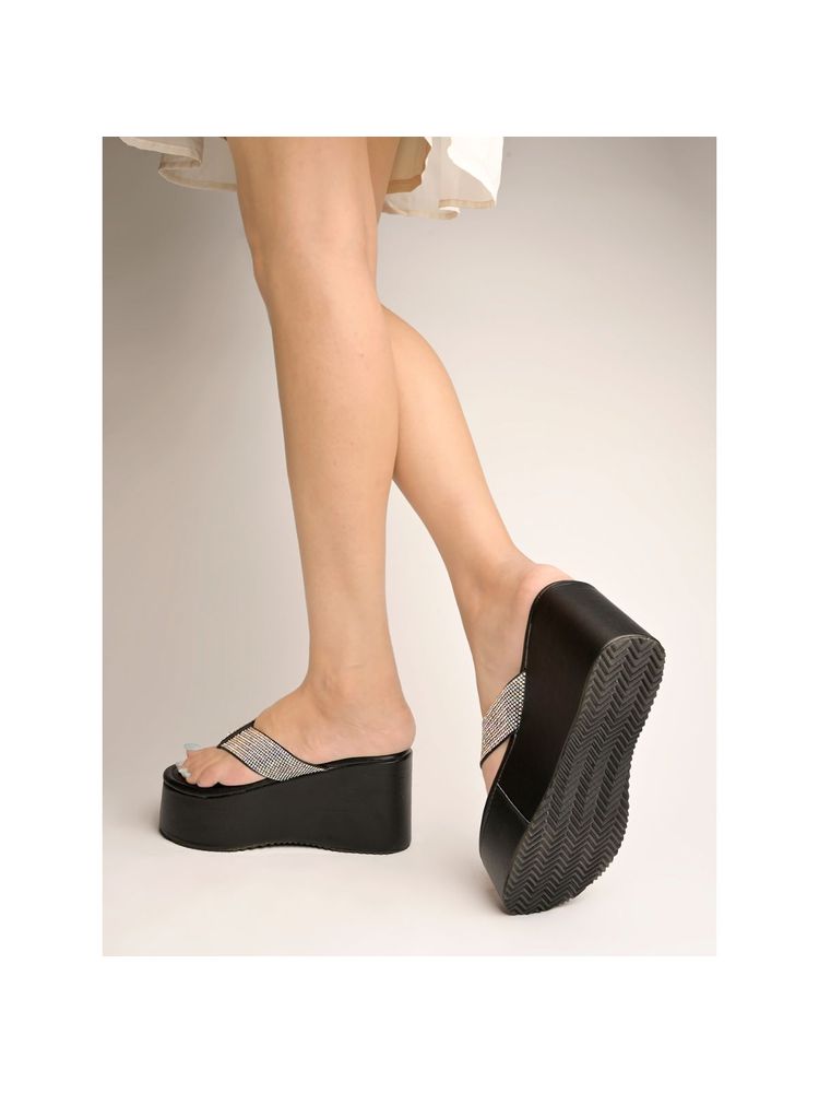 Shoetopia Rhinestone Decor Stylish Black Platform Heels for Women