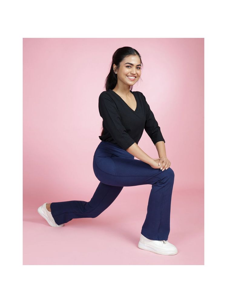 blissclub Bliss Club Women Navy Blue Groove-In Cotton Flare Pants Tall with 4 Pockets-picture-16