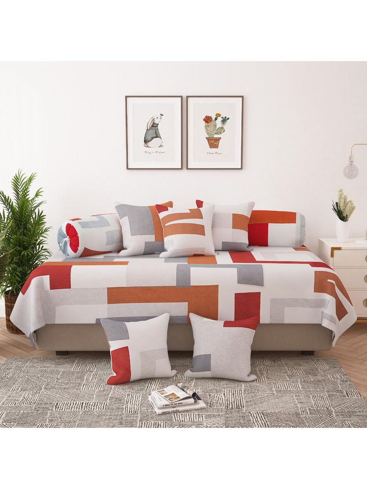 Story@Home Red & Brown Geometric Print Microfiber Diwan Bedsheet & Cushion Cover-picture-12