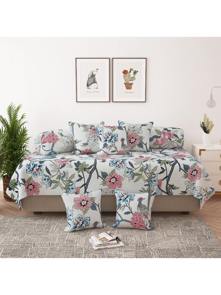 Story@Home White & Pink Floral Print Microfiber Diwan Bedsheet & Cushion Cover-picture-12