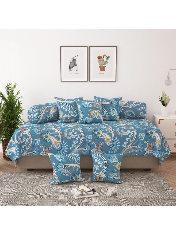 Story@Home Dusty Blue Floral Print Microfiber Diwan Bedsheet & Cushion Cover-image-5