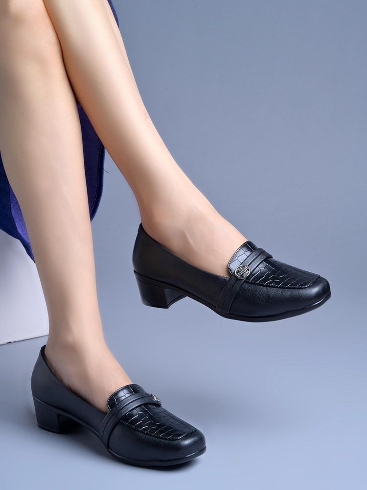Shoetopia Women Black Comfort Heeled Formal Loafers with Croc Vamp Detail-picture-18