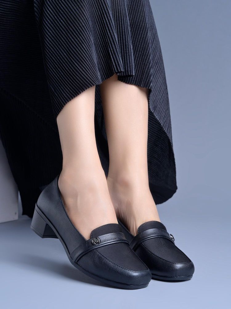 Shoetopia Women Black Comfort Heeled Formal Loafers with Strap Detail-picture-11