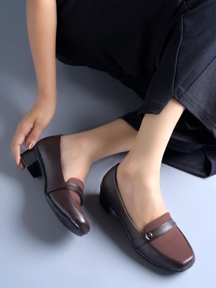 Shoetopia Women Brown Comfort Heeled Formal Loafers with Strap Detail-picture-13