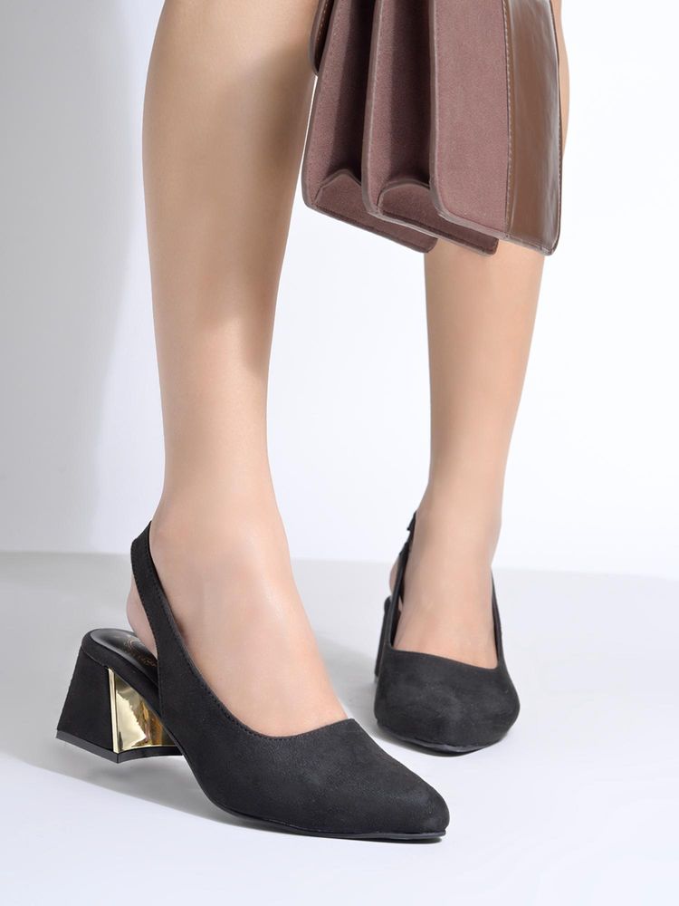 Shoetopia Women Black Pointed with Gold Metallic Block Heels-image-32