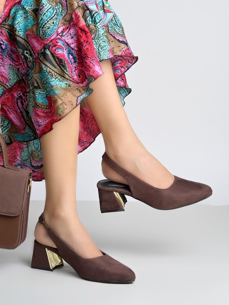 Shoetopia Women Brown Pointed with Gold Metallic Block Heels-picture-13
