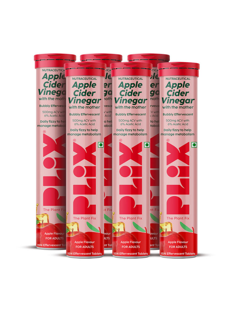 Plix Apple Cider Vinegar Effervescent Tablets with Vitamin B6 & B12, Pack of 6 - Apple