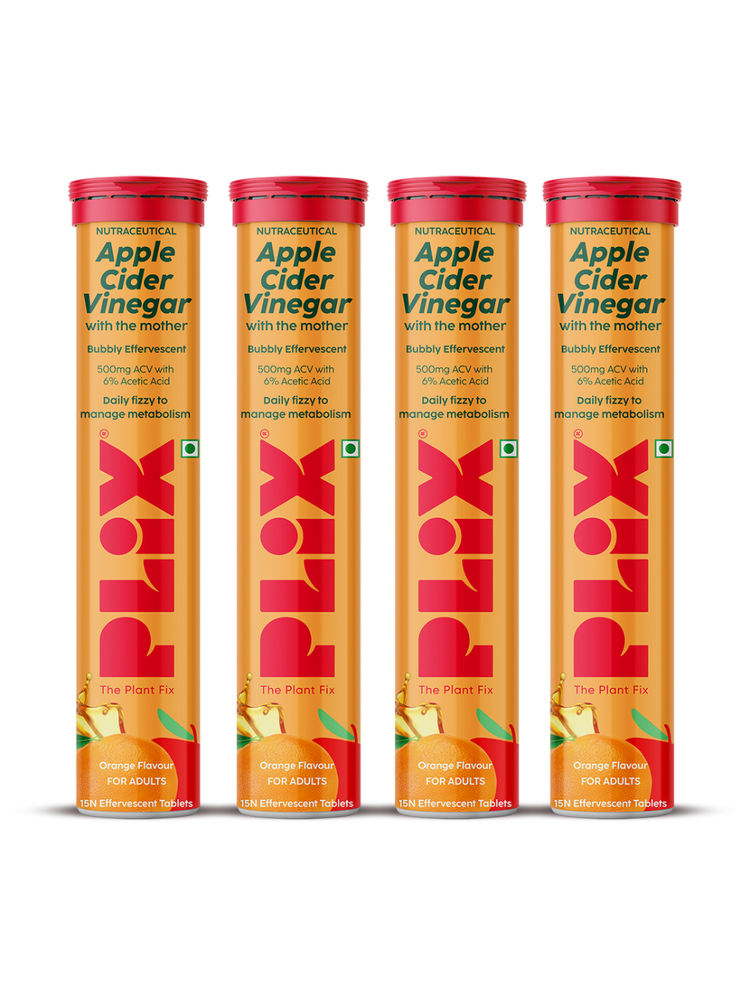 Plix Apple Cider Vinegar Effervescent Tablets with Vitamin B6 & B12, Pack of 4 - Orange