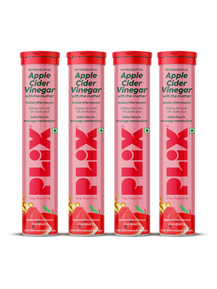 Plix Apple Cider Vinegar Effervescent Tablets with Vitamin B6 & B12, Pack of 4 - Watermelon