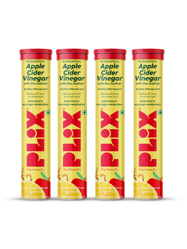 Plix Apple Cider Vinegar Effervescent Tablets with Vitamin B6 & B12, Pack of 4 - Lemon Masala