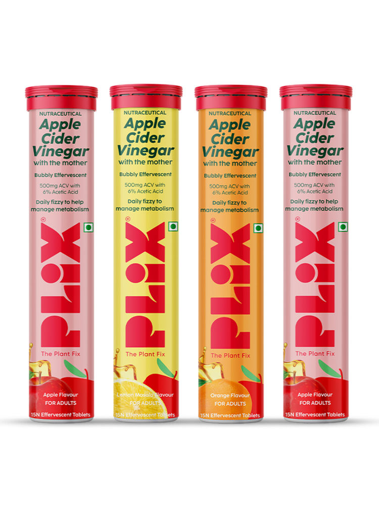 Plix Apple Cider Vinegar Effervescent Tablet with Vitamin B6 & B12, Pack of 4 - Variety Pack