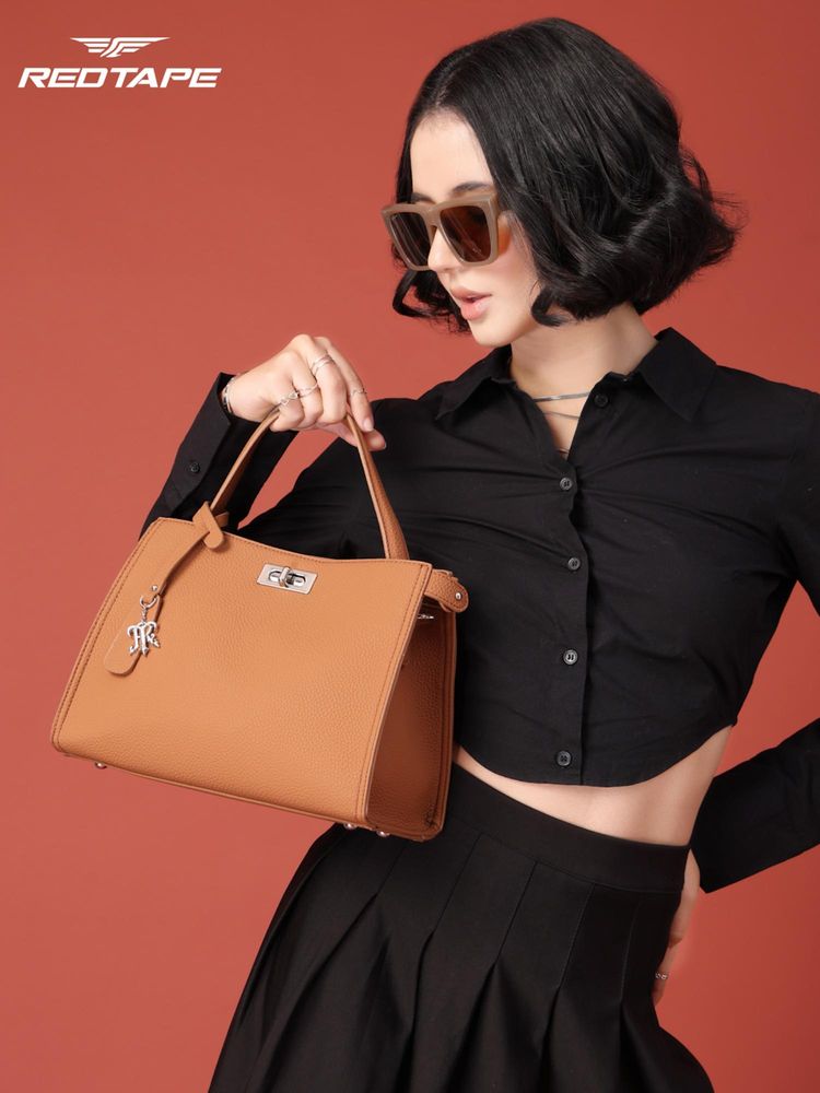 Red Tape Khaki Textured Satchel Bag with Detachable Strap (S)-image-22