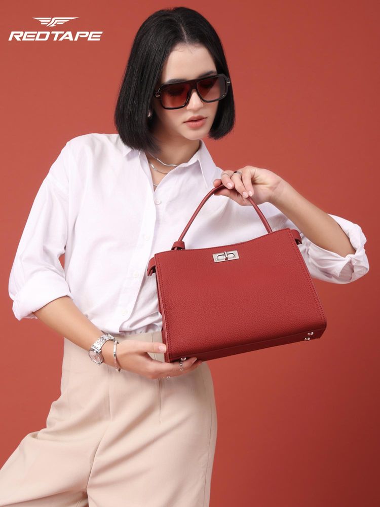 Red Tape Red Textured Satchel Bag with Detachable Strap (S)-image-49