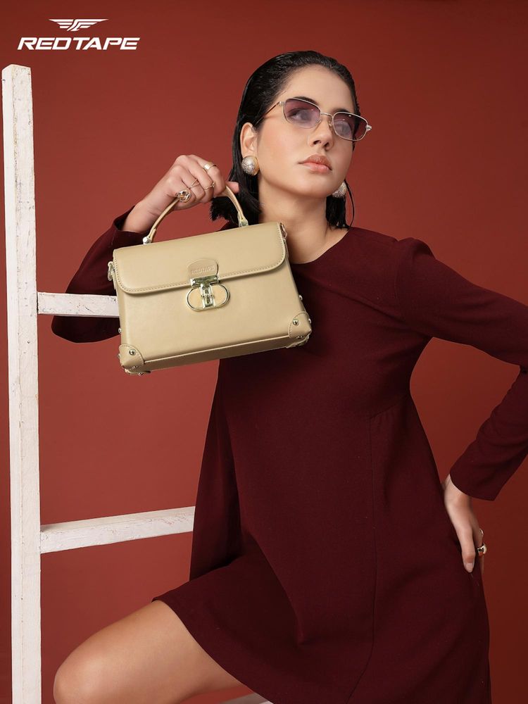 Red Tape Khaki Faux Leather Satchel Bag with Detachable Strap (S)-image-2
