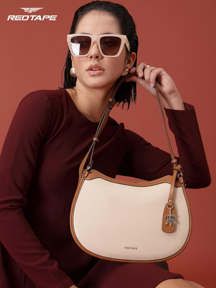 Red Tape Women White Brown Colorblocked Shoulder Bag with Detachable Strap (S)-image-6