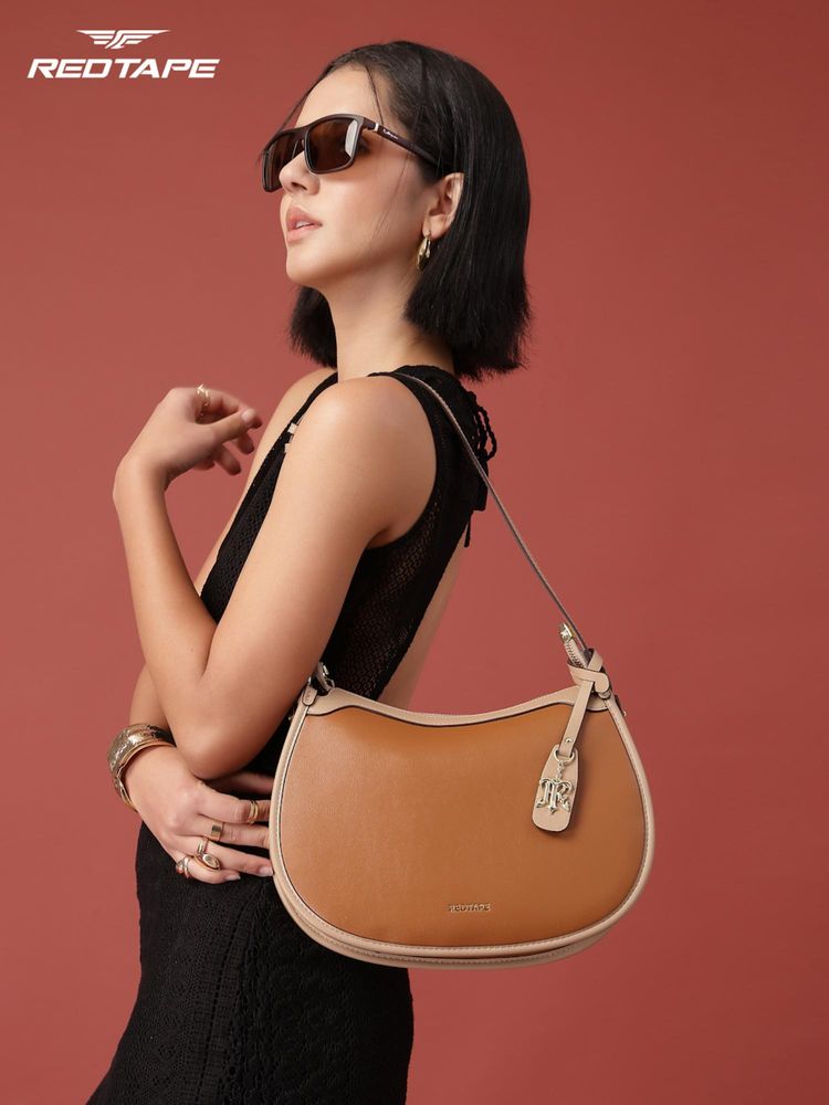 Red Tape Women Brown Khaki Colorblocked Shoulder Bag with Detachable Strap (S)-picture-16