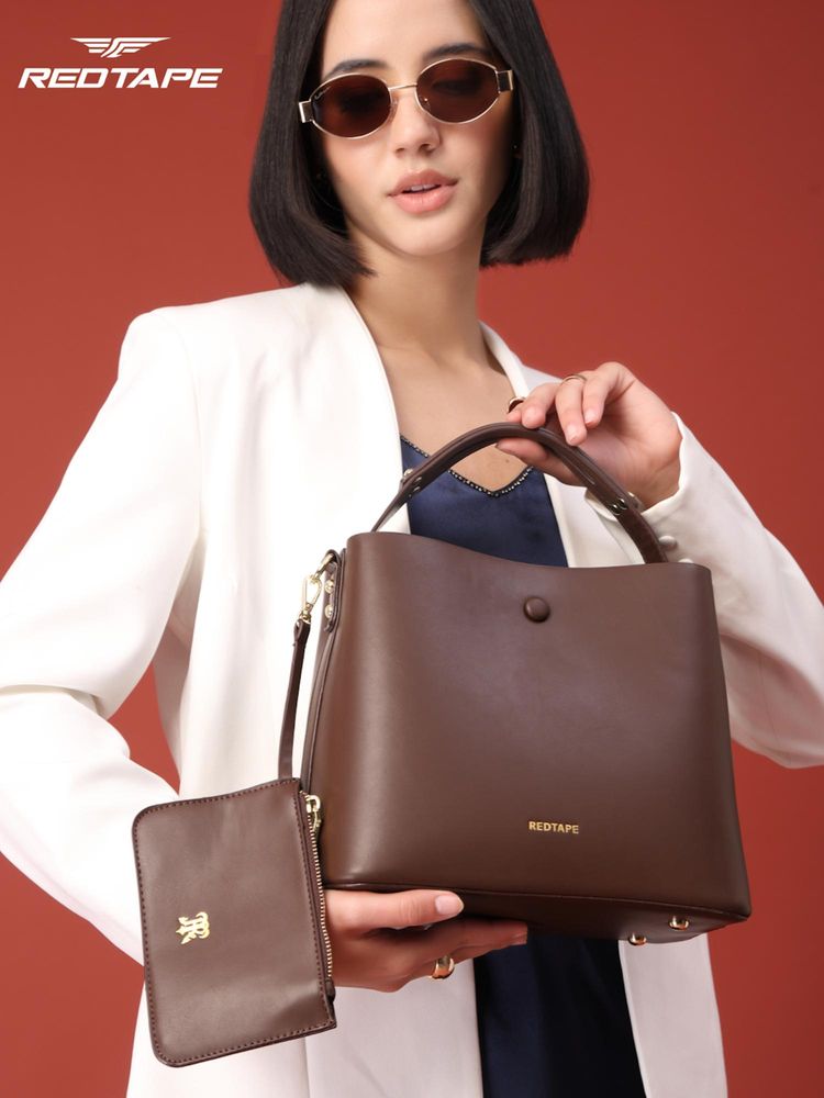 Red Tape Women Coffee Brown Faux Leather Handbag with Detachable Strap & Pouch (M)-image-44