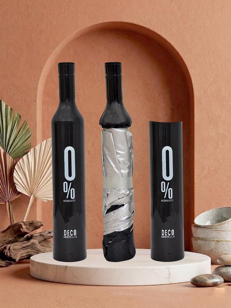 FABINALIV Black Solid Waterproof 3 Fold Compact Bottle Umbrella-image-30