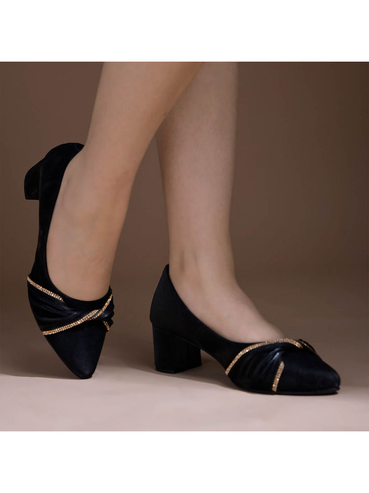 Shoetopia Rhinestone Pointed Toe Black Pump Heels for Women-picture-20