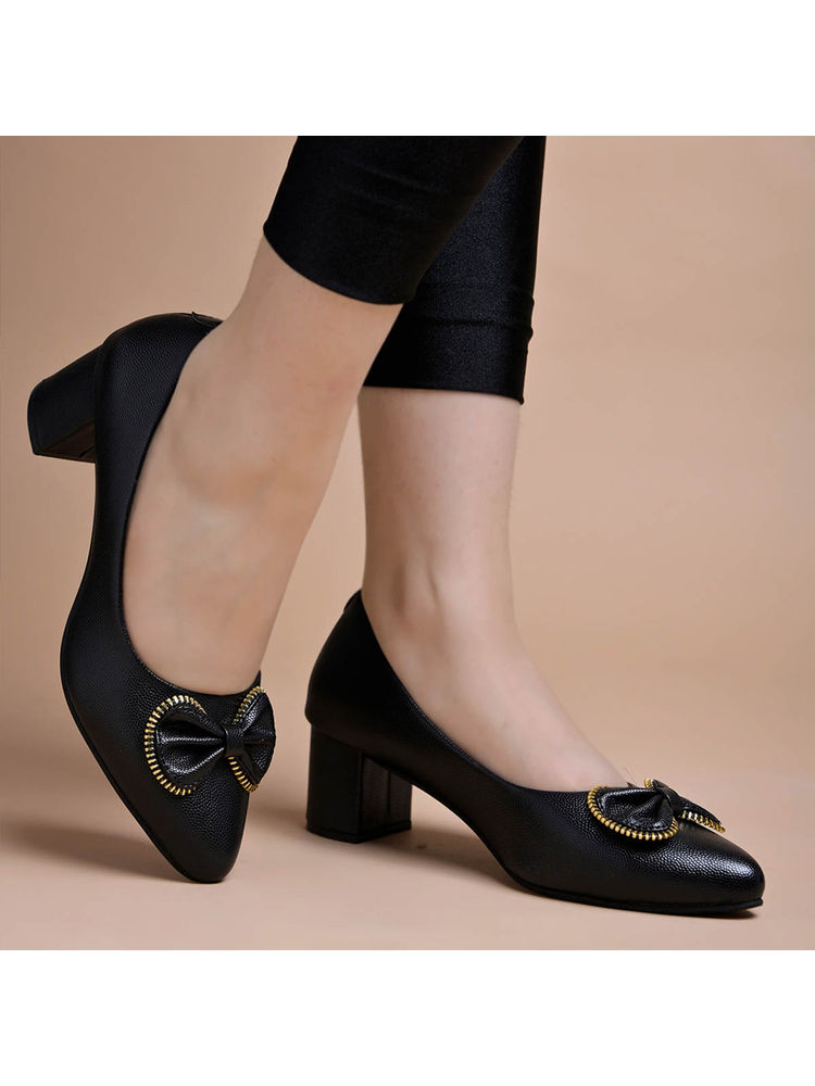 Shoetopia Pointed Toe Stylish Bow Black Pump Heels for Women