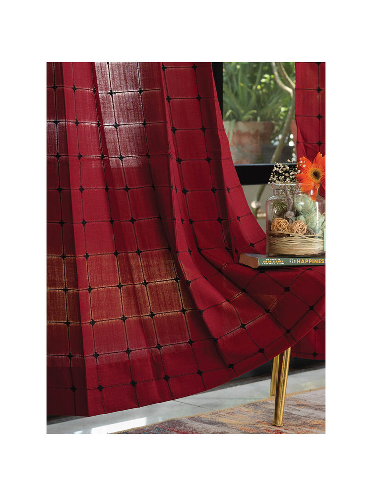 Urban Space Pixel Checks Embroidery Cotton Curtain Window - Maroon (Pack of 2)-picture-9
