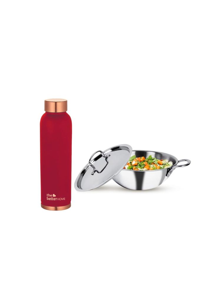 The Better Home Set of 2-Copper 950ml Bottle Maroon and Triply Kadai with SS Lid (22cm)-2.2L-picture-17