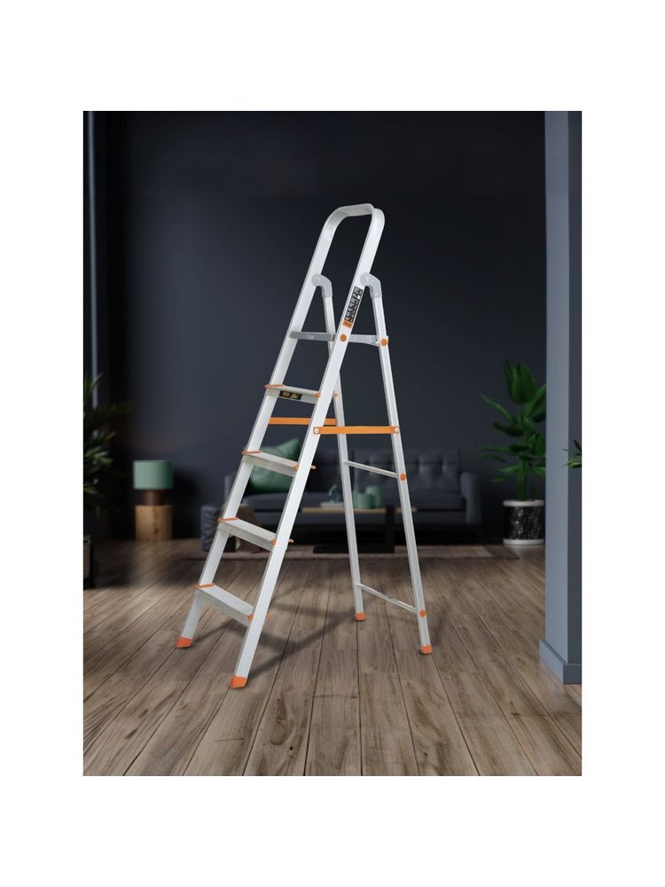 Plantex Premium Legend Aluminum Folding 5 Step Wide Ladder-Orange & Silver-image-4
