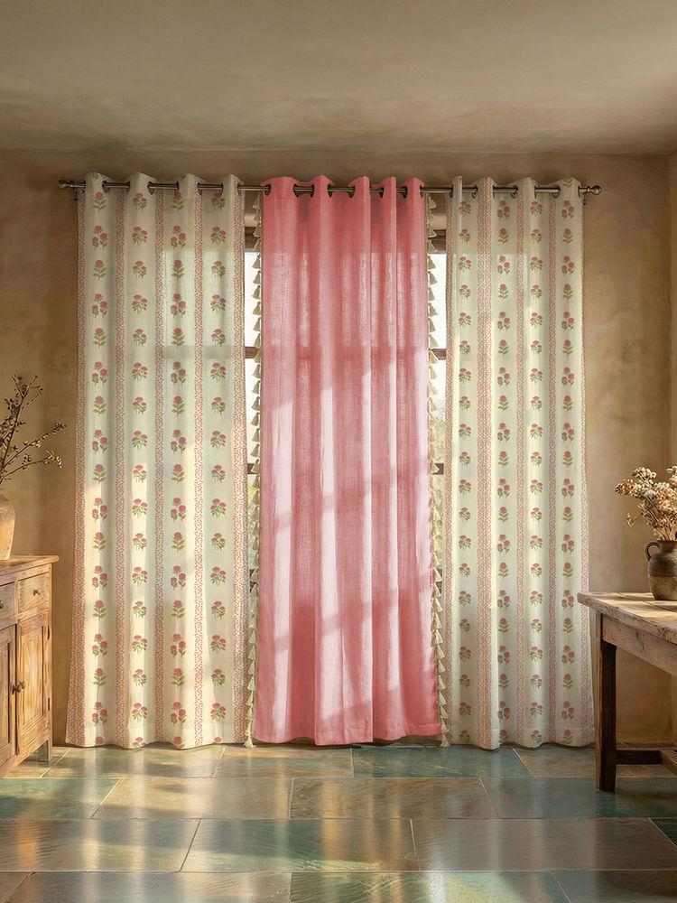 Urban Space Grove White & Aura Pink Cotton Curtains (Pack of 3)-picture-14