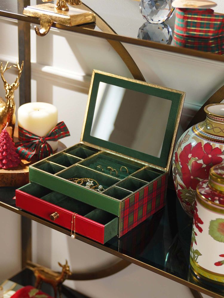 Pure Home + Living Red Green Plaid Faux Leather Jewellery Organiser-image-4