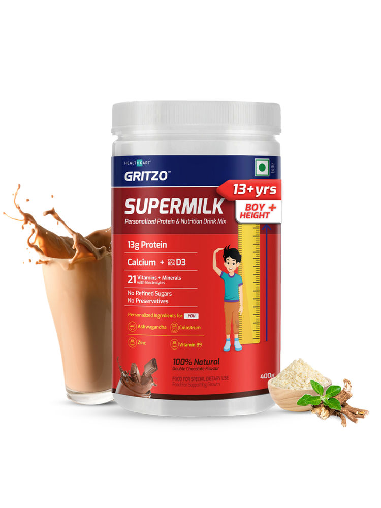 Gritzo SuperMilk Height+ (13+y Boys),13g Protein with Zero Refined Sugar, Double Chocolate, 400 g