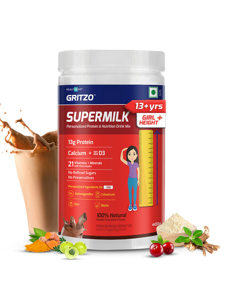 Gritzo SuperMilk Height+ ( 13+y Girls),13g Protein with Zero Refined Sugar, Double Chocolate, 400 g