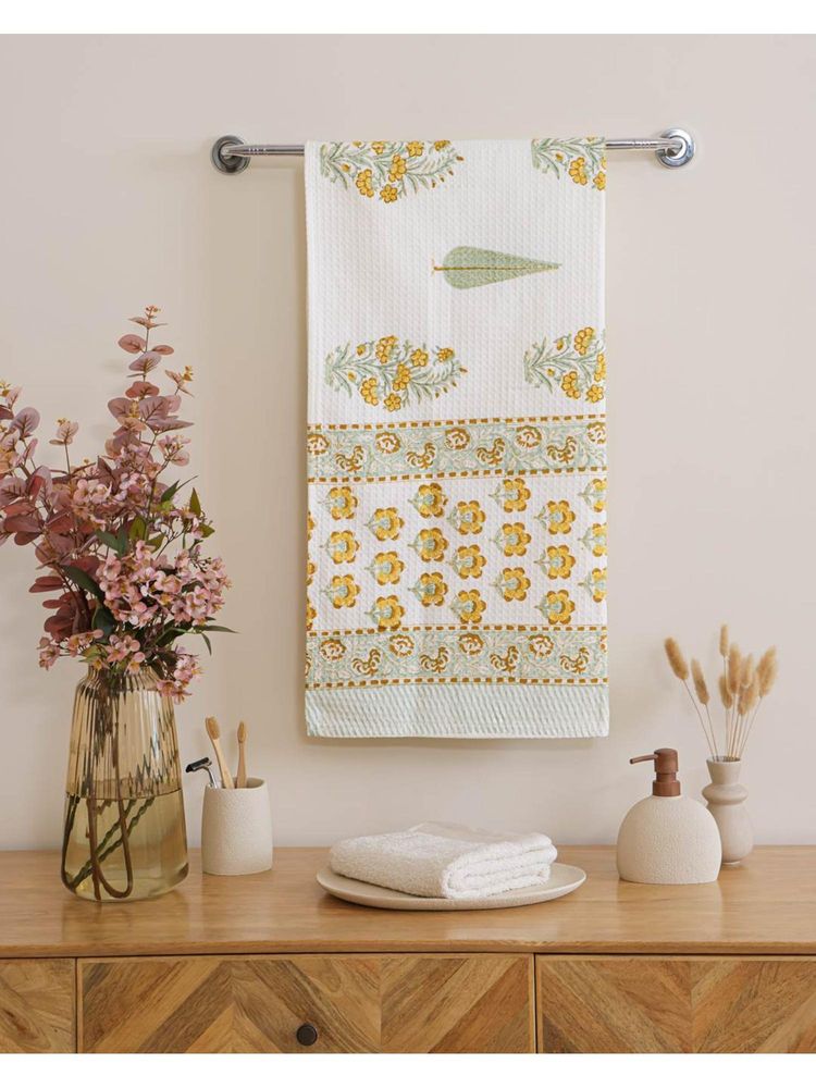 The Home Story Mustard Heritage Marigold Cotton Waffle Bath Towel-picture-11