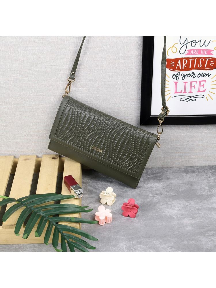 Metro Textured Faux Leather Green Casual Sling Bag-picture-24