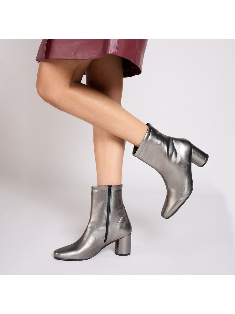 Twenty Dresses by Nykaa Fashion Gunmetal Metallic Block Heeled Ankle Boots-picture-19