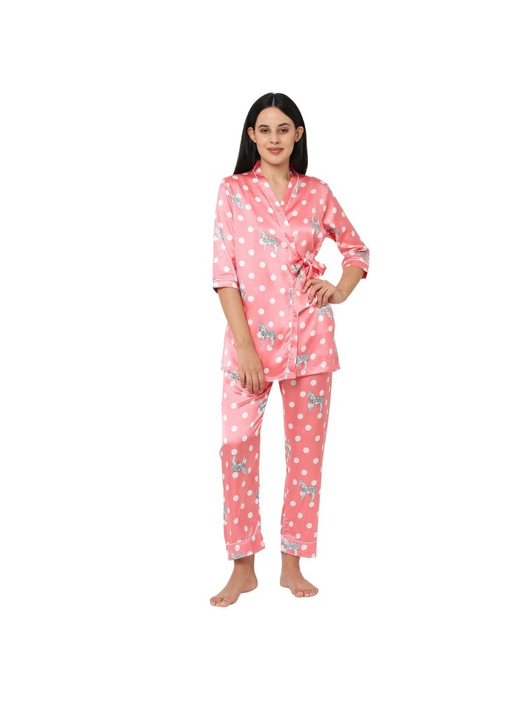 Sweet Dreams Women 3/4th Sleeve Satin Printed Front Open Peach Night Suit (Pack of 3)-picture-13