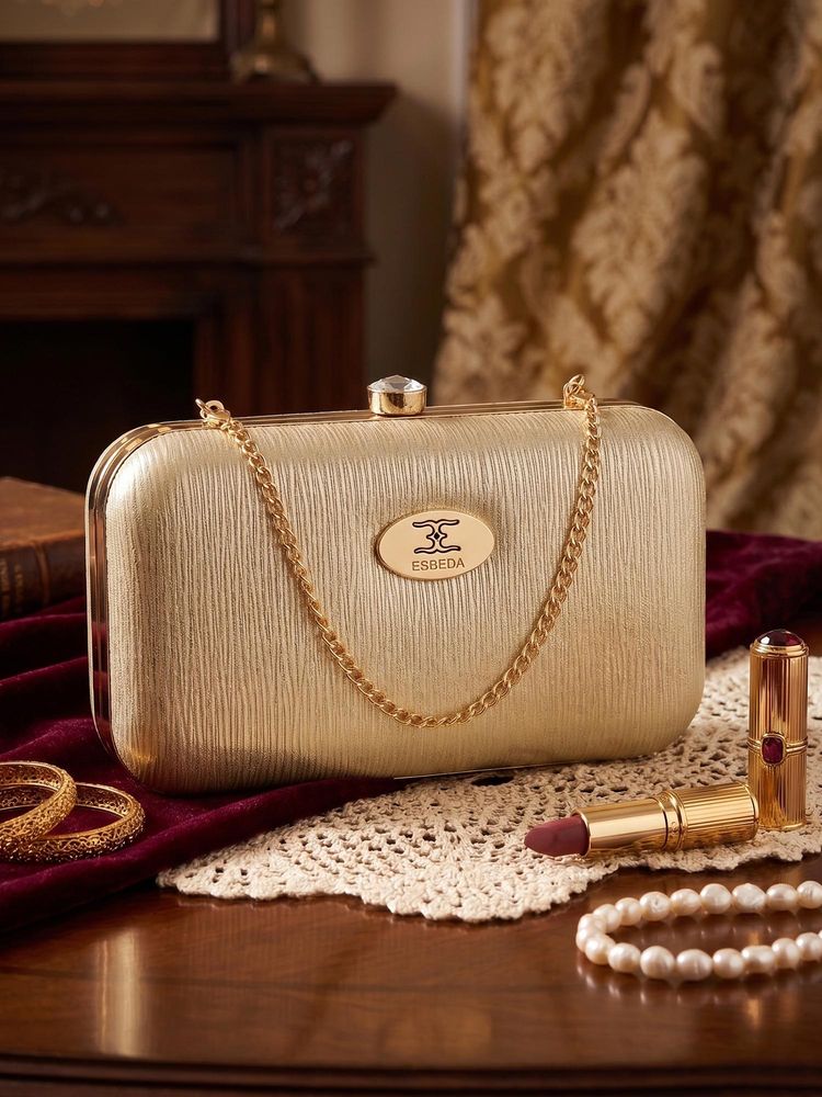 ESBEDA Womens Gold Glossy Grid Box Clutch with Detachable Strap (S)-picture-44