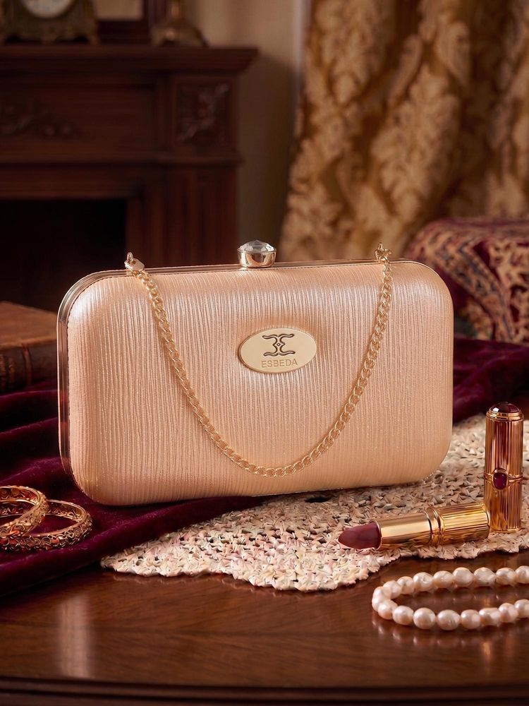ESBEDA Womens Rose Gold Glossy Grid Box Clutch with Detachable Strap (S)-picture-40