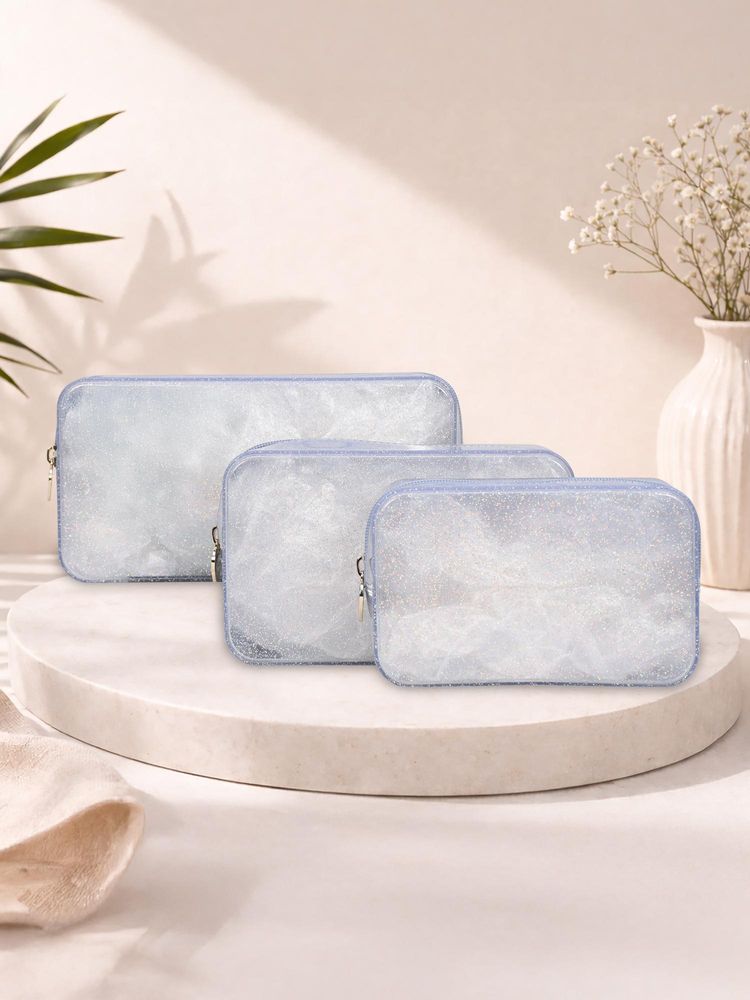 ESBEDA Silver Luxespark Glitter Silicone Travel Organizer Pouch (Pack of 3) (M)-image-2