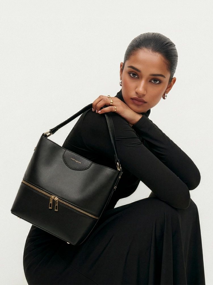 Everpret Vegan Leather Gold Accents Black Ophelia Handbag-picture-26