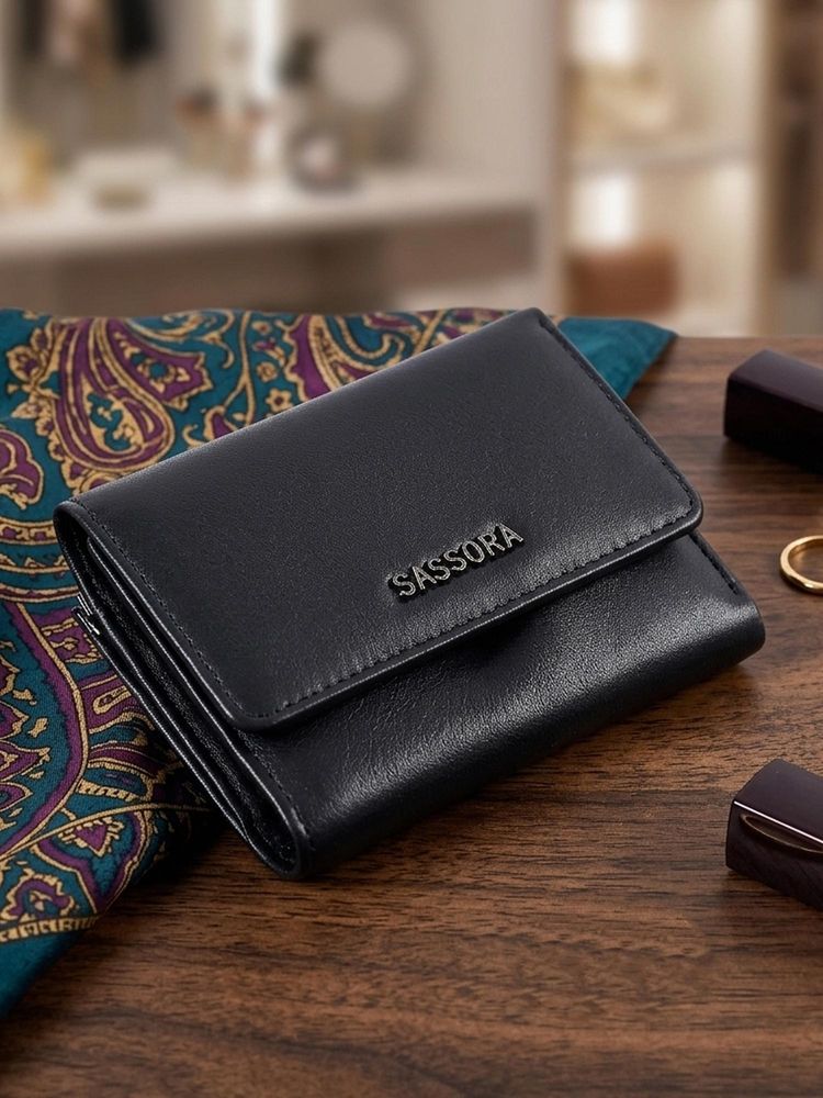 Sassora Black Genuine Leather Compact RFID Blocking Trifold Wallet (S)-picture-16
