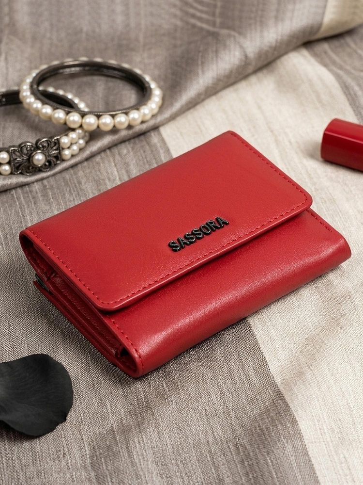 Sassora Red Genuine Leather Compact RFID Blocking Trifold Wallet (S)-picture-19