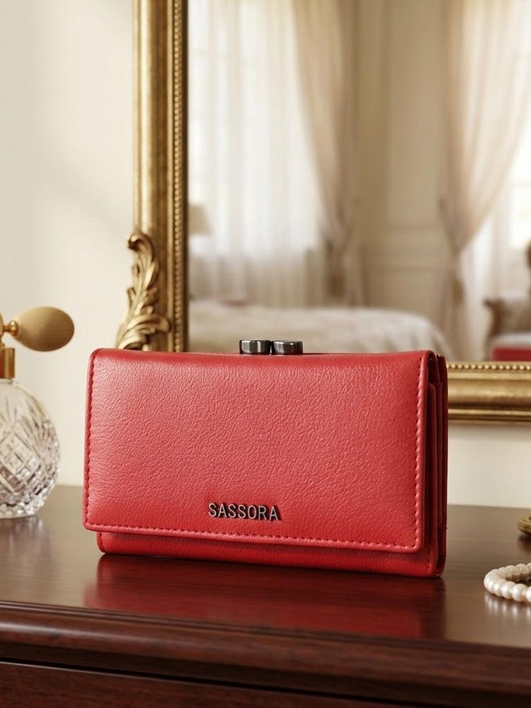 Sassora Red Genuine Leather RFID High Capacity 12 Card Slots Trifold Wallet (S)-picture-26