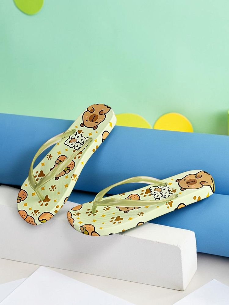Truffle Collection Women Green Animal Print Flipflops-image-14