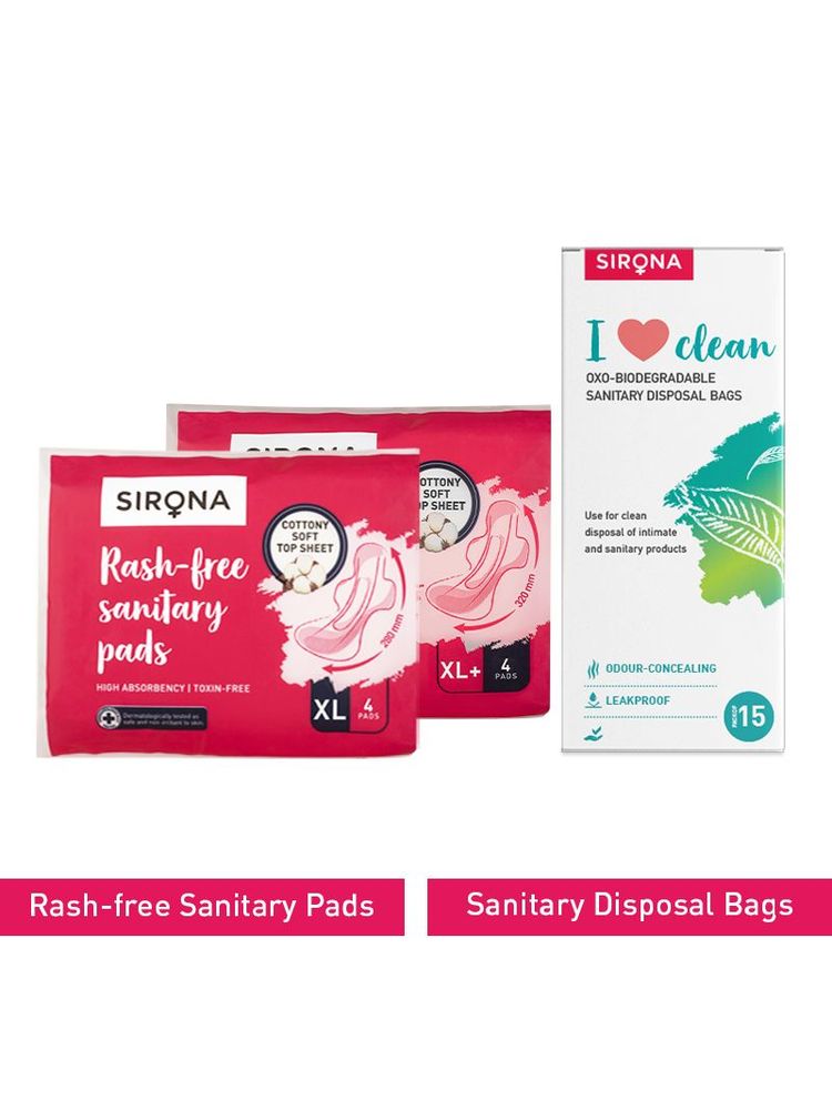 Sirona Cottony Soft Rash Free Sanitary Pads Combo Xl & Xl+ (8 Pcs) With Sanitary Disposal Bags