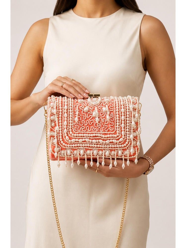 Fabbhue Women Peach Box Clutch with Detachable Strap-image-13